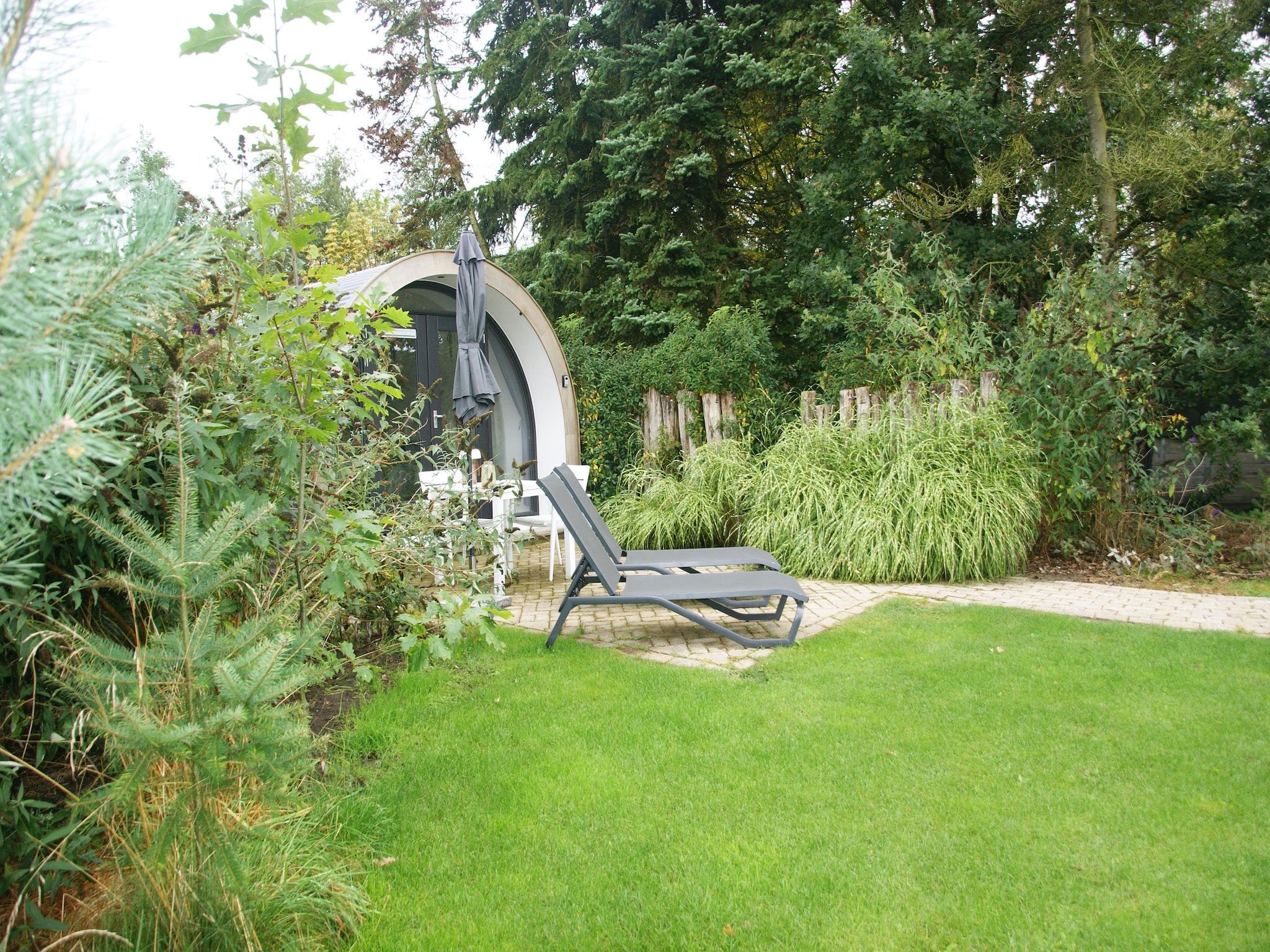 De tuin van Wellness lodge Wulp 2p in Drenthe