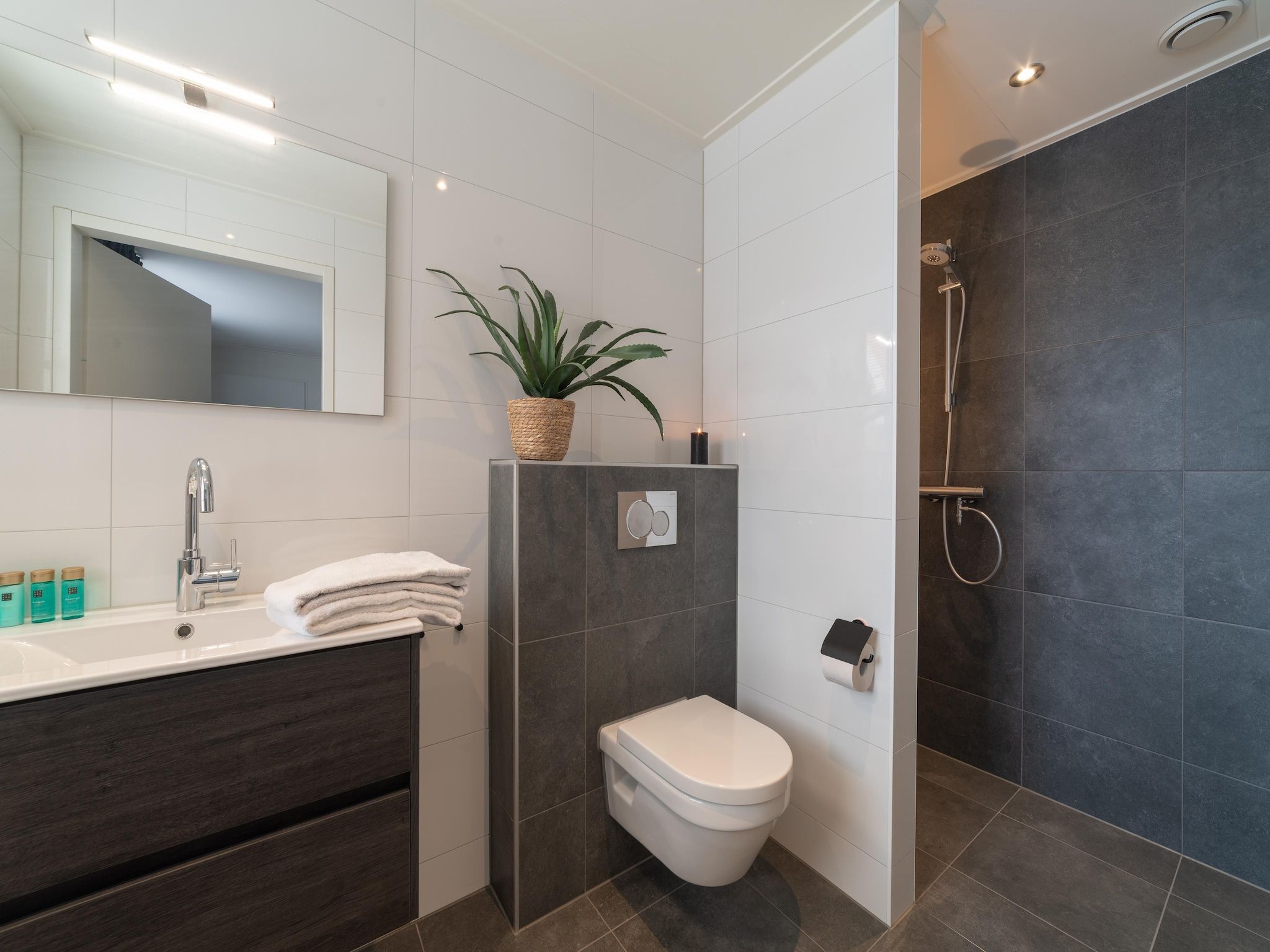 De badkamer van Charming Beveland met jacuzzi en buitensauna in Colijnsplaat
