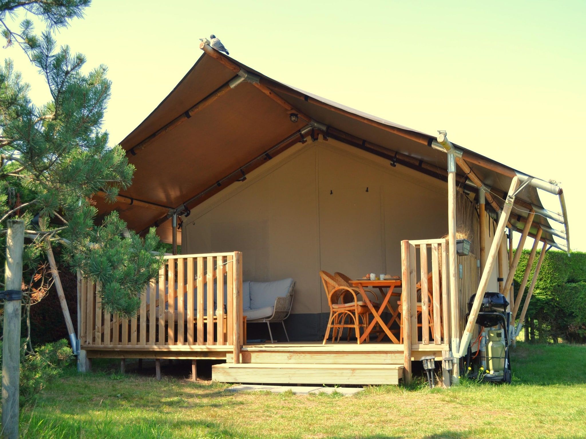 De buitenkant van Luxe safaritent op Ameland in Hollum