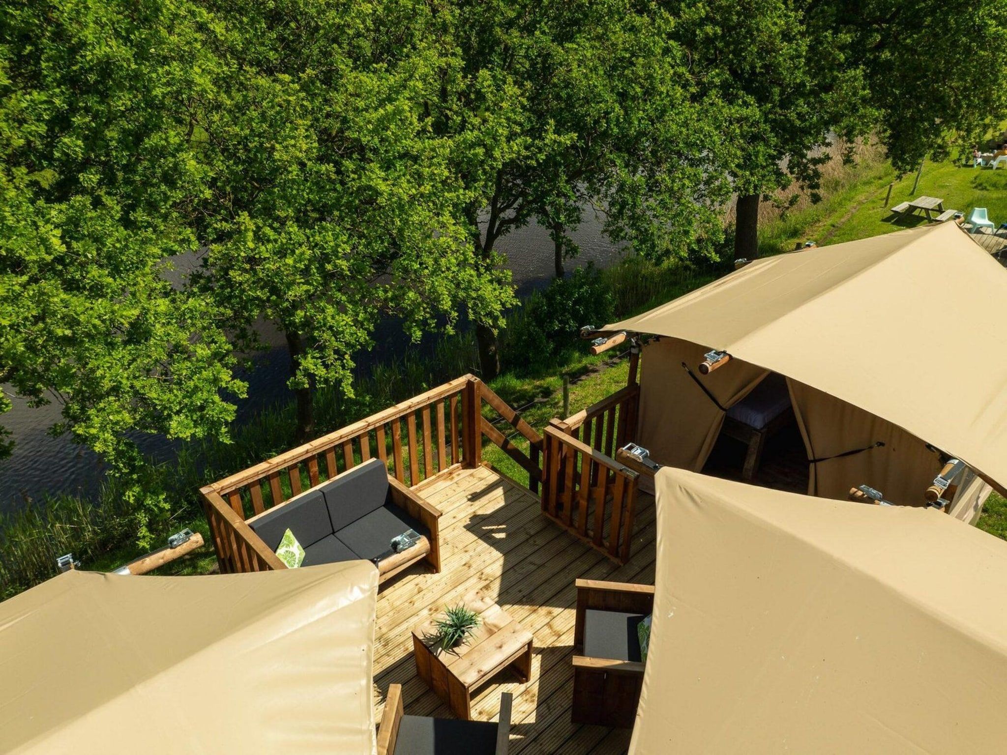 Het terras van Treehouse tent at the Regge with private sanitary facilities | 6 people in Zuna