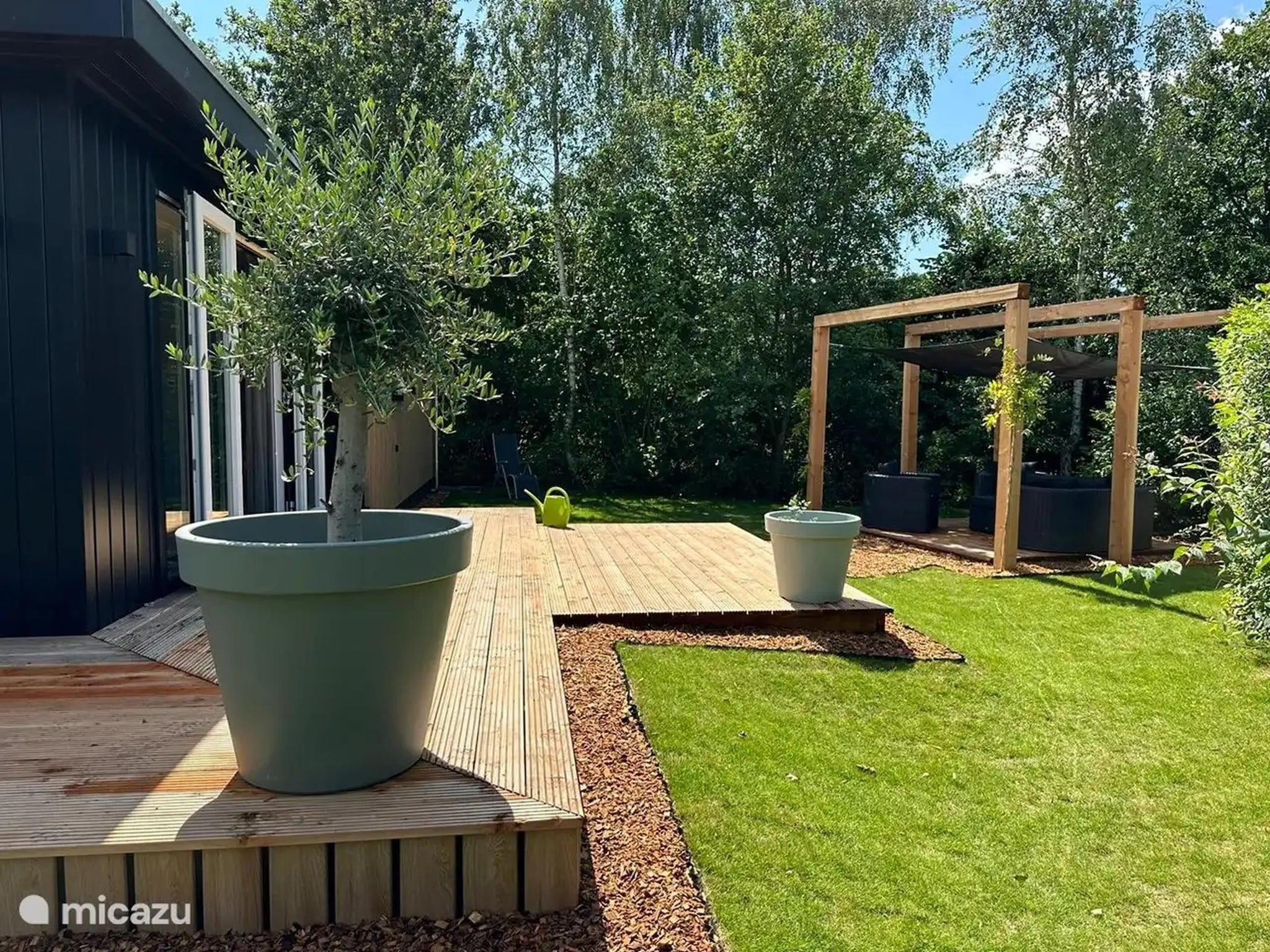 De tuin van Chalet de Blauwe regen in Balkbrug