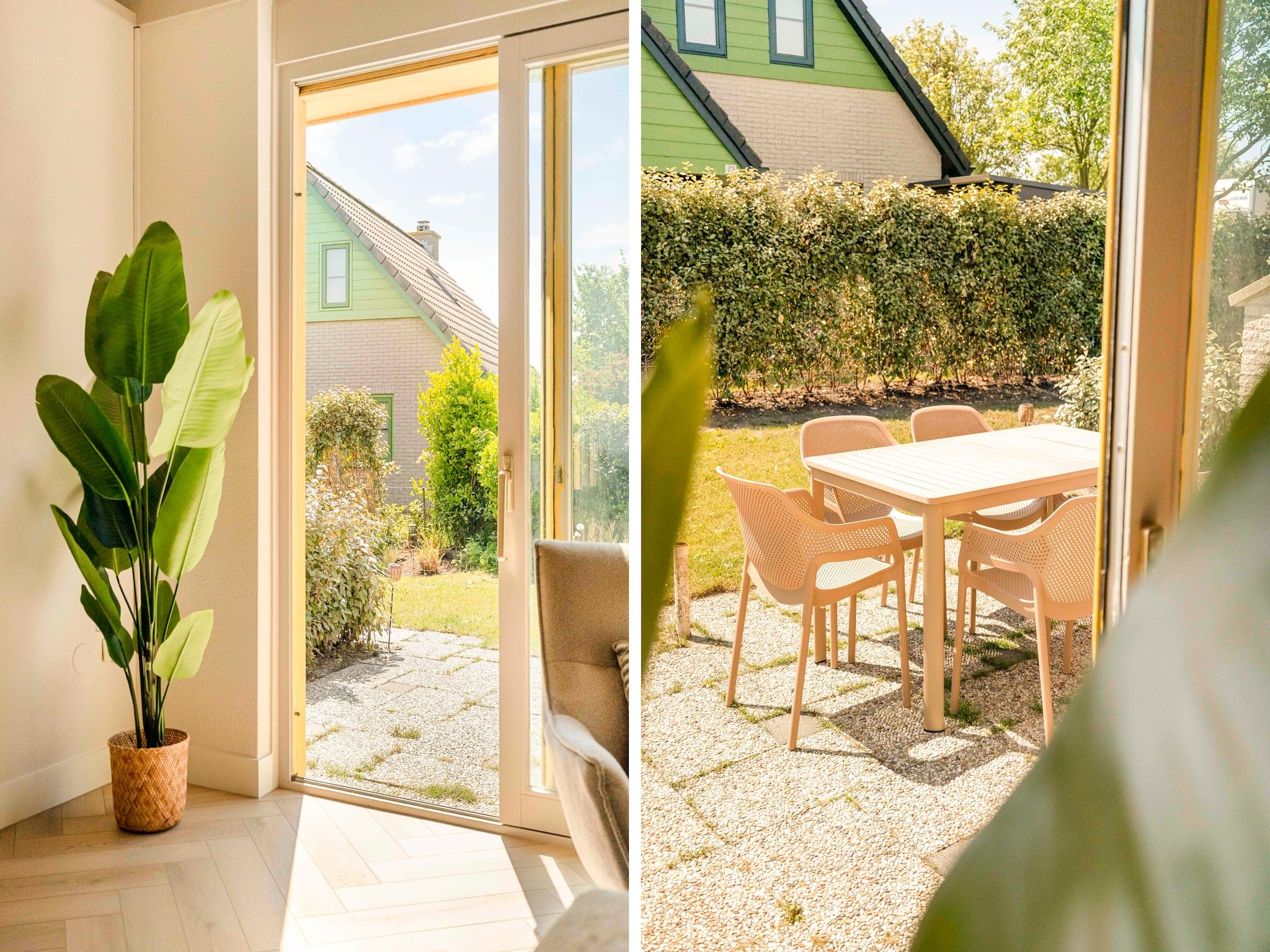 Het terras van Strandslag Bungalow 68 in Julianadorp