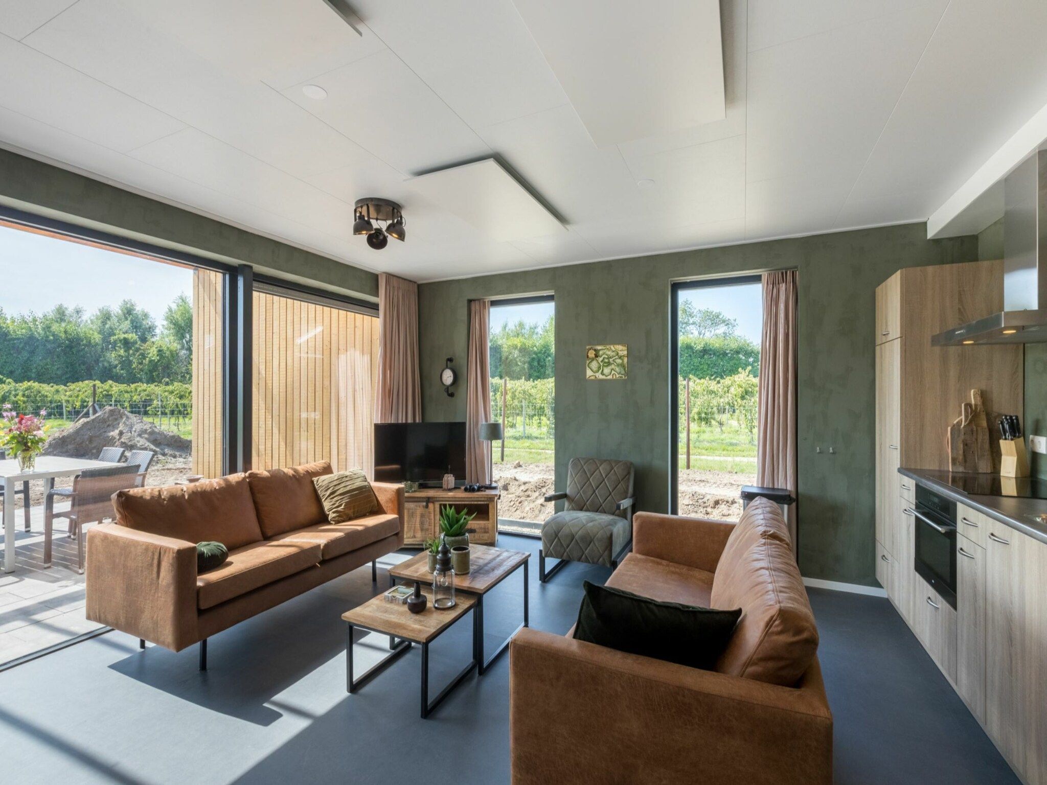 De woonkamer van Vroondijk 2- duinappel en zonnebes in Vrouwenpolder