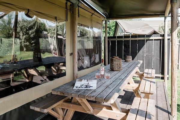 Terras - Charmant verblijf in een Woodlodge in Callantsoog (4)